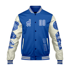 Maßgeschneiderte Blau Weiß Letterman Varsity Jacket Individuelle Stickerei Druck nach Ihrem Wunsch