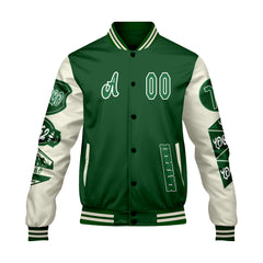 Maßgeschneiderte Grün Weiß Letterman Varsity Jacket Individuelle Stickerei Druck nach Ihrem Wunsch