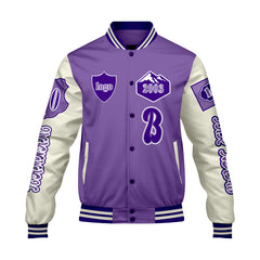 Maßgeschneiderte Lila Weiß Letterman Varsity Jacket Individuelle Stickerei Druck nach Ihrem Wunsch
