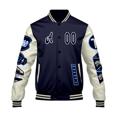 Maßgeschneiderte Marine Weiß Letterman Varsity Jacket Individuelle Stickerei Druck nach Ihrem Wunsch