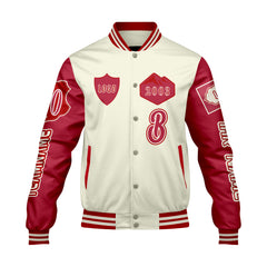 Maßgeschneiderte Weiß Rot Letterman Varsity Jacket Individuelle Stickerei Druck nach Ihrem Wunsch