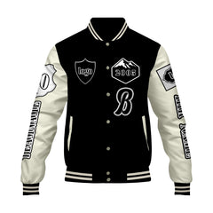Maßgeschneiderte Schwarz Weiß Letterman Varsity Jacket Individuelle Stickerei Druck nach Ihrem Wunsch