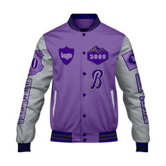 Maßgeschneiderte Lila Lichtgrau Letterman Varsity Jacket Individuelle Stickerei Druck nach Ihrem Wunsch