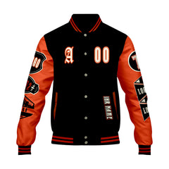 Maßgeschneiderte Schwarz Hellorange Letterman Varsity Jacket Individuelle Stickerei Druck nach Ihrem Wunsch