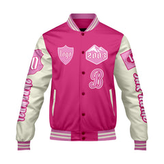 Maßgeschneiderte Rosa Weiß Letterman Varsity Jacket Individuelle Stickerei Druck nach Ihrem Wunsch