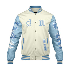 Maßgeschneiderte Weiß Löwenblau Letterman Varsity Jacket Individuelle Stickerei Druck nach Ihrem Wunsch