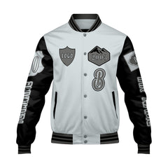 Maßgeschneiderte Grau Schwarz Letterman Varsity Jacket Individuelle Stickerei Druck nach Ihrem Wunsch