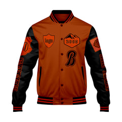 Maßgeschneiderte Orange Schwarz Letterman Varsity Jacket Individuelle Stickerei Druck nach Ihrem Wunsch