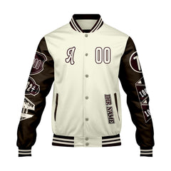 Maßgeschneiderte Weiß Braun Letterman Varsity Jacket Individuelle Stickerei Druck nach Ihrem Wunsch