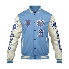 Maßgeschneiderte Blau Weiß Letterman Varsity Jacket Individuelle Stickerei Druck nach Ihrem Wunsch