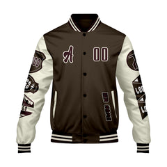 Maßgeschneiderte Braun Weiß Letterman Varsity Jacket Individuelle Stickerei Druck nach Ihrem Wunsch