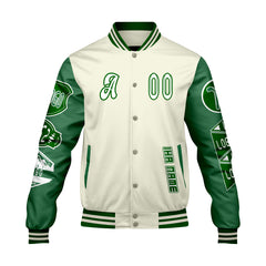 Maßgeschneiderte Weiß Gras Grün Letterman Varsity Jacket Individuelle Stickerei Druck nach Ihrem Wunsch