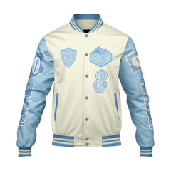 Maßgeschneiderte Weiß Blau Letterman Varsity Jacket Individuelle Stickerei Druck nach Ihrem Wunsch