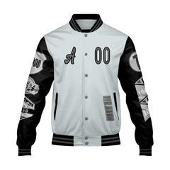 Maßgeschneiderte Grau Schwarz Letterman Varsity Jacket Individuelle Stickerei Druck nach Ihrem Wunsch