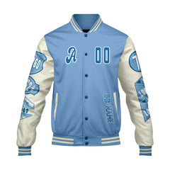 Maßgeschneiderte Blau Weiß Letterman Varsity Jacket Individuelle Stickerei Druck nach Ihrem Wunsch