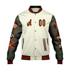 Maßgeschneiderte Weiß Militärgrün Letterman Varsity Jacket Individuelle Stickerei Druck nach Ihrem Wunsch