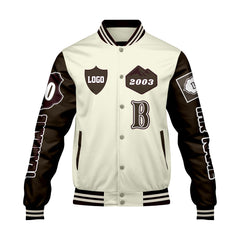 Maßgeschneiderte Weiß Braun Letterman Varsity Jacket Individuelle Stickerei Druck nach Ihrem Wunsch