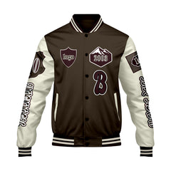 Maßgeschneiderte Braun Weiß Letterman Varsity Jacket Individuelle Stickerei Druck nach Ihrem Wunsch