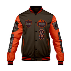 Maßgeschneiderte Braun Orange Letterman Varsity Jacket Individuelle Stickerei Druck nach Ihrem Wunsch