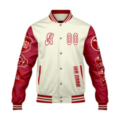 Maßgeschneiderte Weiß Rot Letterman Varsity Jacket Individuelle Stickerei Druck nach Ihrem Wunsch