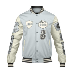 Maßgeschneiderte Grau Weiß Letterman Varsity Jacket Individuelle Stickerei Druck nach Ihrem Wunsch