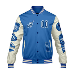Maßgeschneiderte Blau Weiß Letterman Varsity Jacket Individuelle Stickerei Druck nach Ihrem Wunsch