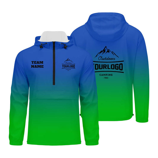 Anpassbare Blau Grün Winddichte Softshell Kapuzenjacke - Vollverschluss, Logo- & Text-Druck