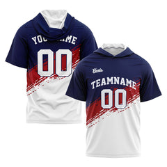 Benutzerdefinierte Marine Rot Weiß Kurzarm-Kapuzenpullover für Männer Frauen Hemden mit Kapuzen gedruckt Name Logo