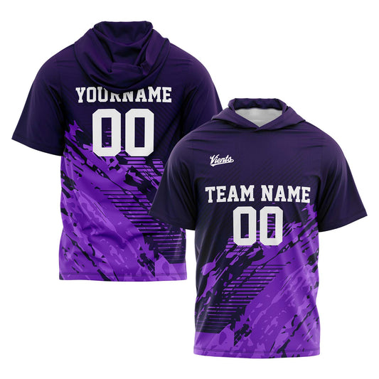 Benutzerdefinierte Lila Kurzarm-Kapuzenpullover für Männer Frauen Hemden mit Kapuzen gedruckt Name Logo