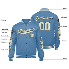 Maßgeschneiderte Hellblaue Creme Letterman Varsity Jacket Individuelle Stickerei Druck nach Ihrem Wunsch