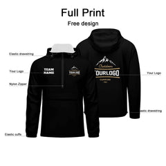 Anpassbare Schwarz Winddichte Softshell Kapuzenjacke - Vollverschluss, Logo- & Text-Druck