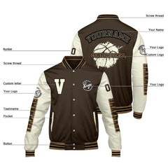Maßgeschneiderte Braun Creme Letterman Varsity Jacket Individuelle Stickerei Druck nach Ihrem Wunsch