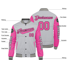 Maßgeschneiderte Grau Rosa Letterman Varsity Jacket Individuelle Stickerei Druck nach Ihrem Wunsch