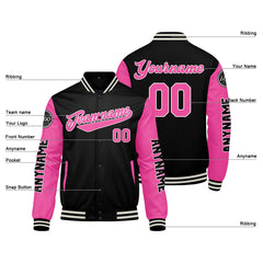 Maßgeschneiderte Schwarz Rosa Letterman Varsity Jacket Individuelle Stickerei Druck nach Ihrem Wunsch