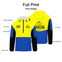 Anpassbare Gelb Blau Schwarz Winddichte Softshell Kapuzenjacke - Vollverschluss, Logo- & Text-Druck