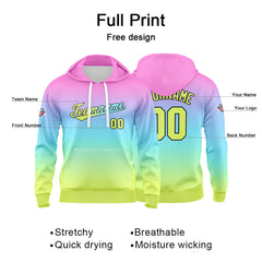 Benutzerdefinierter Verlauf Hoodie für Mann, Frau, Mädchen, Junge. Drucken Sie Ihr Logo, Ihren Namen und Ihre Nummer Pink Blue Yellow