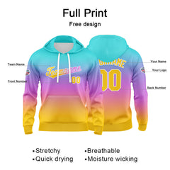 Benutzerdefinierter Verlauf Hoodie für Mann, Frau, Mädchen, Junge. Drucken Sie Ihr Logo, Ihren Namen und Ihre Nummer Blau Lila Orange