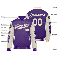 Maßgeschneiderte Lila Creme Letterman Varsity Jacket Individuelle Stickerei Druck nach Ihrem Wunsch
