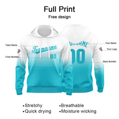 Benutzerdefinierter Verlauf Hoodie für Mann, Frau, Mädchen, Junge. Drucken Sie Ihr Logo, Ihren Namen und Ihre Nummer Blau Weiß