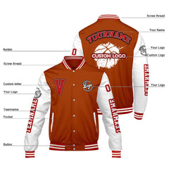 Maßgeschneiderte Orange Weiß Letterman Varsity Jacket Individuelle Stickerei Druck nach Ihrem Wunsch
