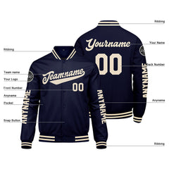 Maßgeschneiderte Marine Creme Letterman Varsity Jacket Individuelle Stickerei Druck nach Ihrem Wunsch