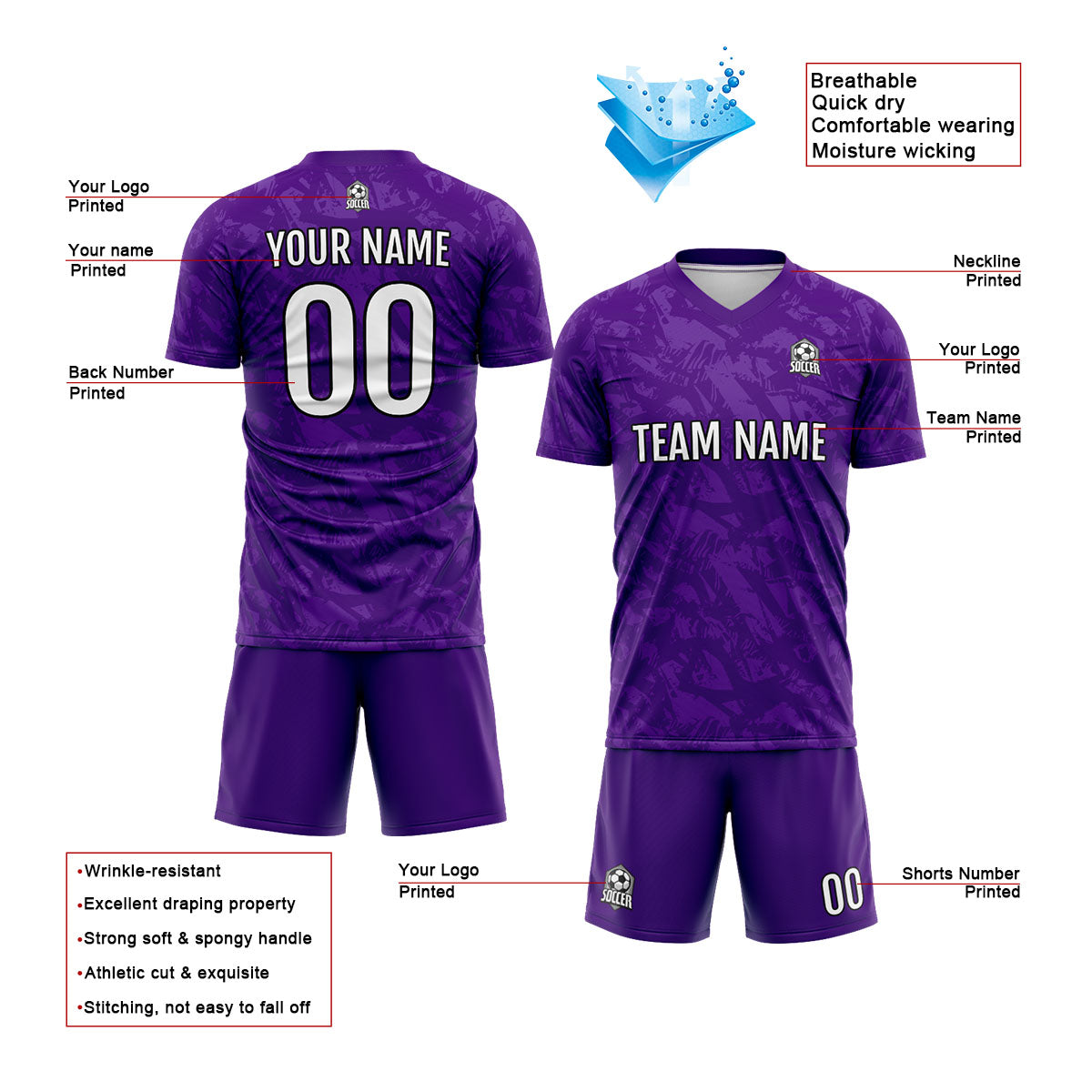 Benutzerdefinierte Lila Fußball Trikots für Männer Frauen Personalisierte Fußball Uniformen für Erwachsene und Kind