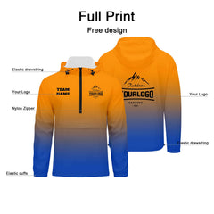 Anpassbare Orange Blau Winddichte Softshell Kapuzenjacke - Vollverschluss, Logo- & Text-Druck