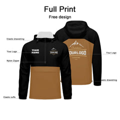 Anpassbare Schwarz Braun Winddichte Softshell Kapuzenjacke - Vollverschluss, Logo- & Text-Druck