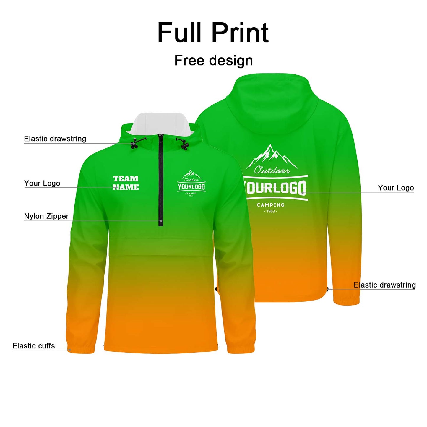 Anpassbare Grün Orange Winddichte Softshell Kapuzenjacke - Vollverschluss, Logo- & Text-Druck