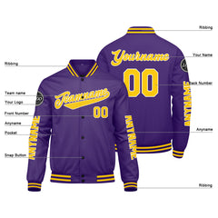 Maßgeschneiderte Lila Gelb Letterman Varsity Jacket Individuelle Stickerei Druck nach Ihrem Wunsch