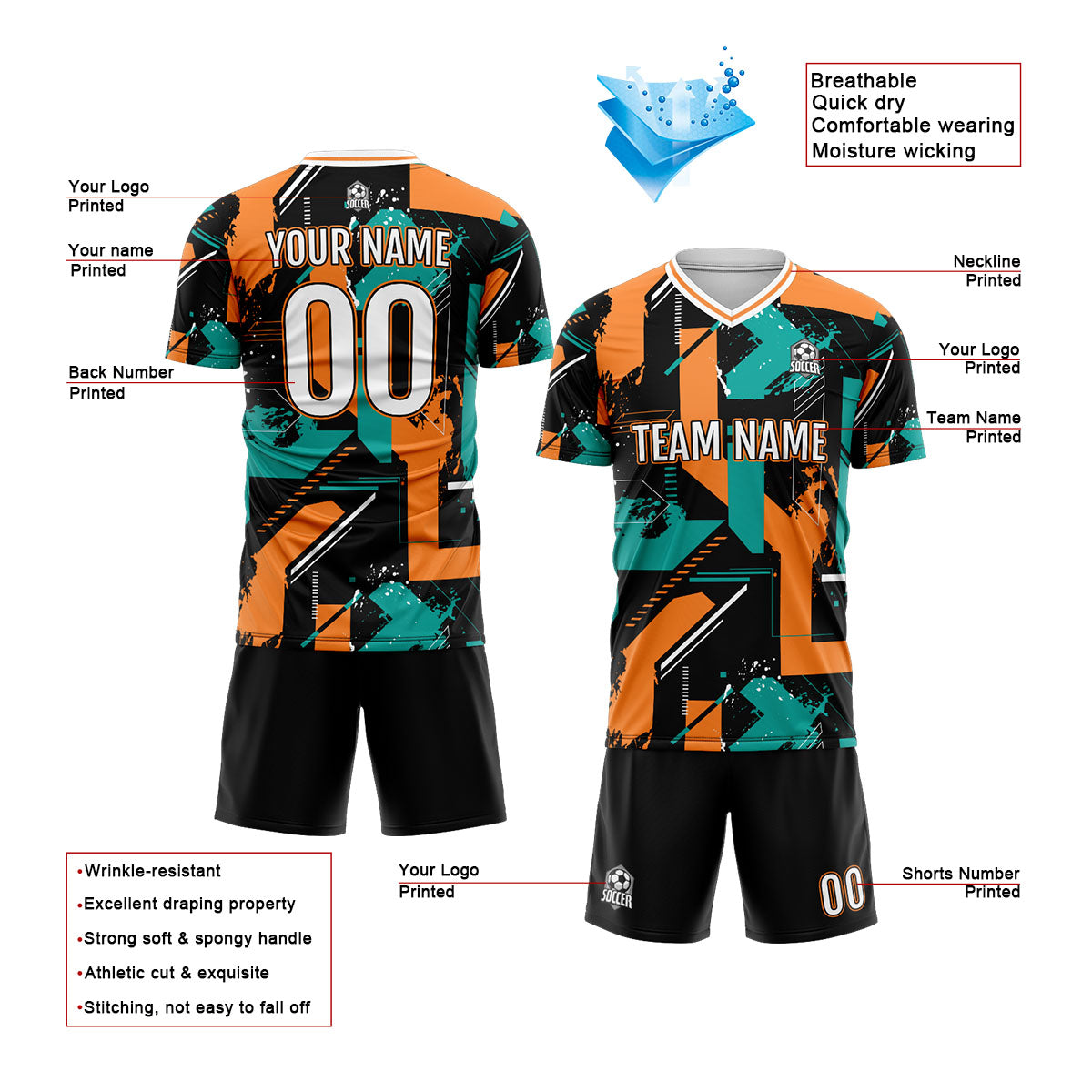 Benutzerdefinierte Aqua Orange Fußball Trikots für Männer Frauen Personalisierte Fußball Uniformen für Erwachsene und Kind