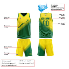 Benutzerdefinierte Gelb Grün Reversible Basketball Jersey Personalisierte Print Name Nummer Logo