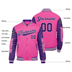 Maßgeschneiderte Rosa Lila Letterman Varsity Jacket Individuelle Stickerei Druck nach Ihrem Wunsch