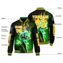 Maßgeschneiderte Grün Gelb Letterman Varsity Jacket Individuelle Stickerei Druck nach Ihrem Wunsch